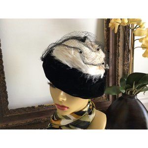 Vintage Black Velvet with White Feathers Netting Hat by Flo-Denis of Paris New Y